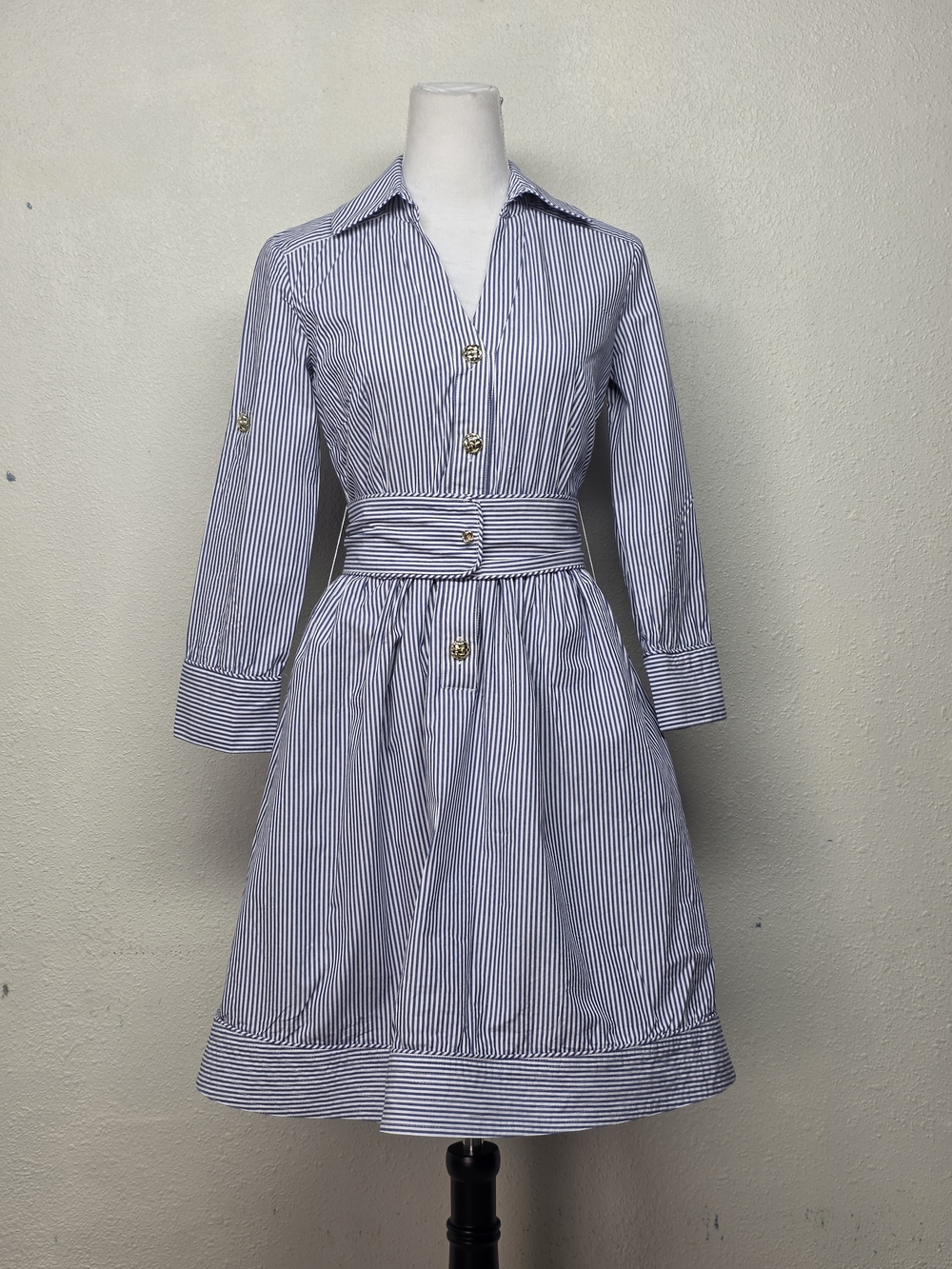 Elizabeth McKay Grace Pincord Blue and White Striped Midi Shirtdress 100% Cotton
